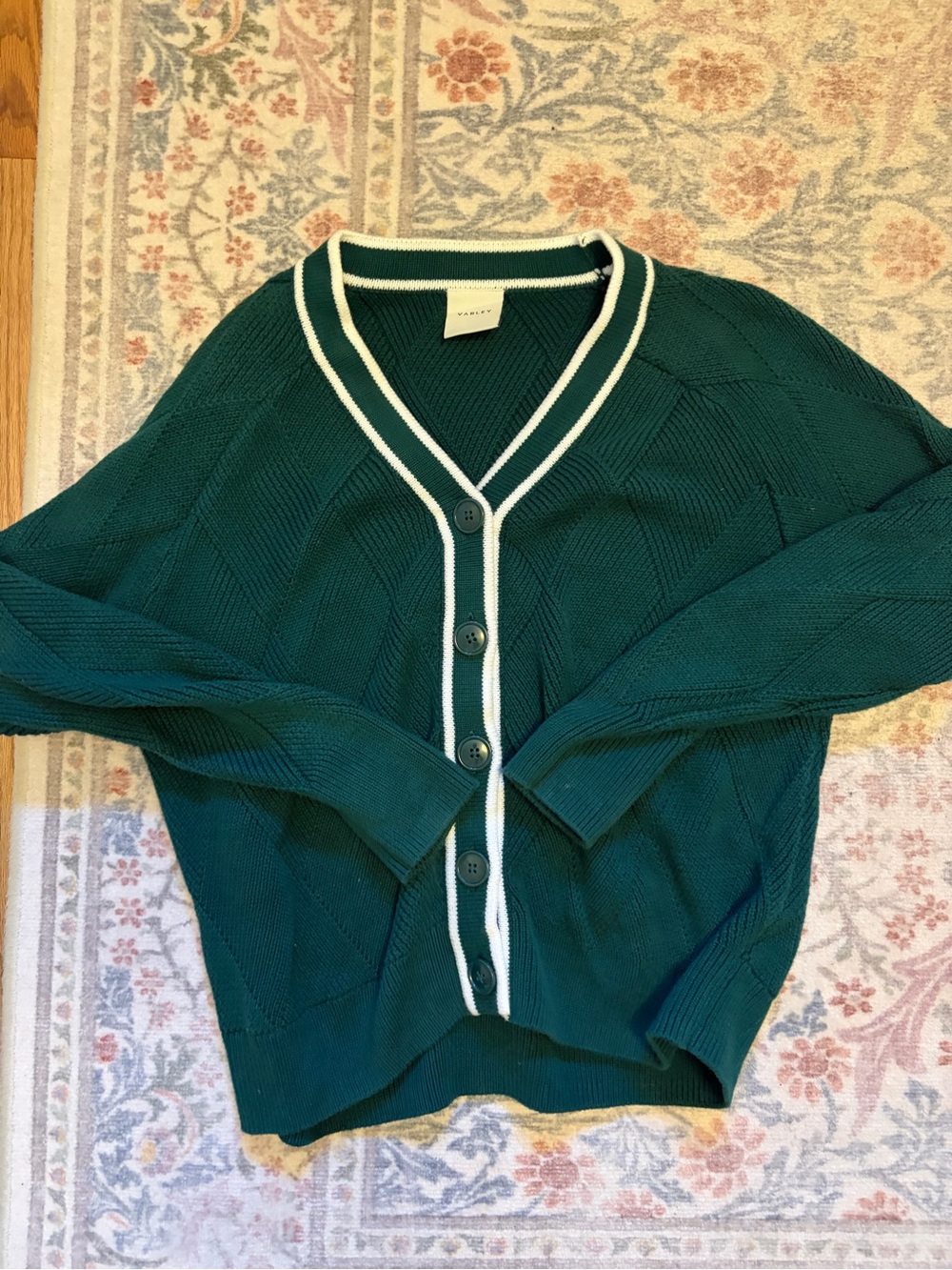 Varley Emerald Green V-Neck Button Cardigan with Cream Trim
